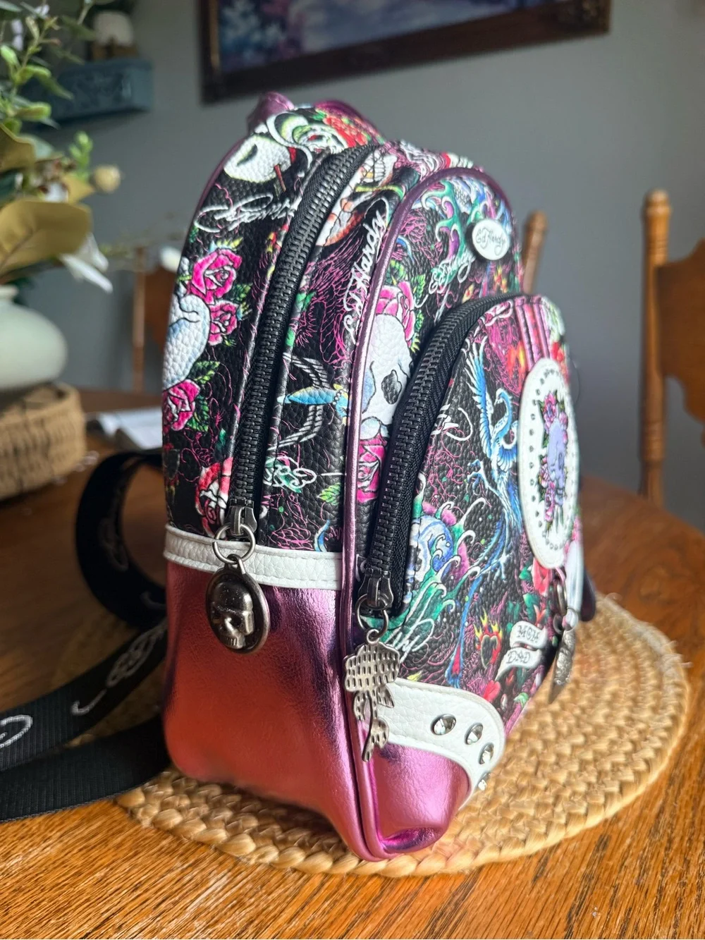 Ed Hardy Pink Metallic Mini Backpack with Multicolor Skull & Rose Print